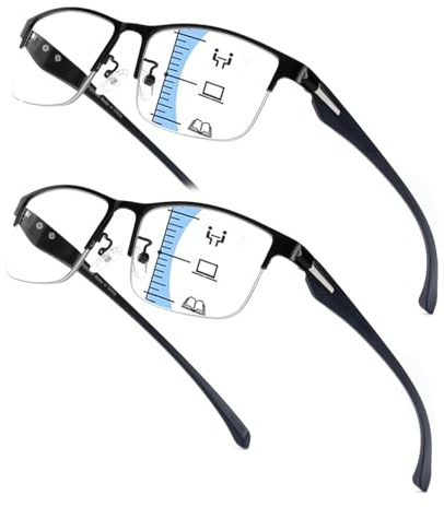 Viseng 2Pack Metall Progressive Multifokus Lesebrille Ultraleichte Anti Blaulicht Gleitsichtbrille mit Halbrahmen für Damen Herren 1.0