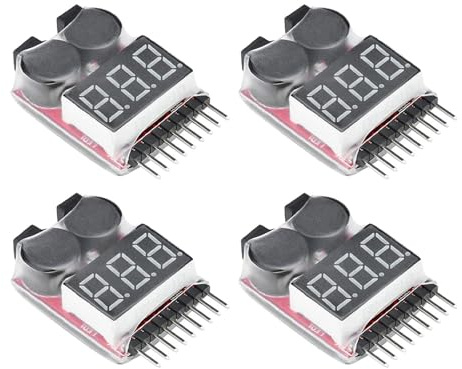 ARCELI RC 1-8s Lipo Battery Tester Monitor Low Voltage Alarm Sound Voltage Tester with LED Indicator for Lipo Life LiMn Li-Ion Battery (Pack of 4)