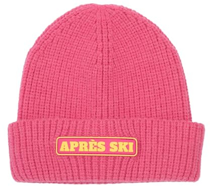 Fisura – Vintermössa dam rosa ribbstickad med uppvik och gummimärke “Après ski”. Vintermössa dam i mjuk akryl. Mössa unisex perfekt som originell present. One size.