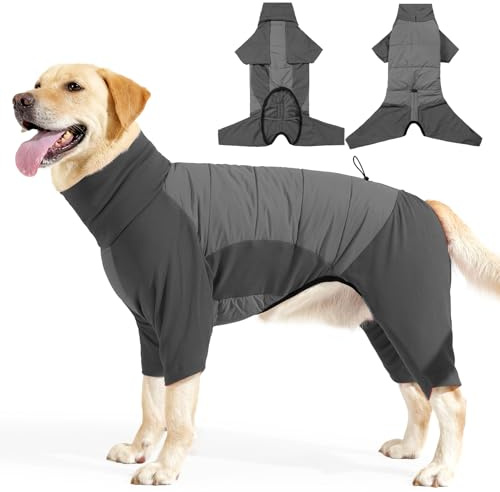 PAWIVID Winter Hundemantel mit Beinen, Hundepullover Fleecefutter, Hundejacke mit Rollkragen, Warmer Ganzkörper-Pyjama mit Loch für die Leine für Kleine, Mittelgroße und Große Hunde (Grau, S)