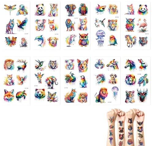 JUGUTA Wasserfarben Tiere Tattoos Für Kinder,10 Blätter Kindertattoos Hautfreundlich Set Temporär Tattoos Für Mädchen Junge,Mitgebsel Kindergeburtstag Gastgeschenke Party Deko