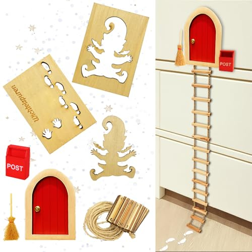 Wichtel Zubehör Weihnachtswichtel Set Wichteltür Zubehör Mini Deko | Mit Mini Leiter, Briefkasten, Besen & Fußabdrücke Schablone, Weihnachtsdeko für Familien
