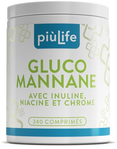 Glucomannano Forte Tit. 95% PiùLife 240 Compresse 4000 mg Con Inulina, Niacina e Cromo, Glucomannano Purificato Dalla Radice Di Konjac, Metabolismo, Appetito, Equilibrio Digestivo