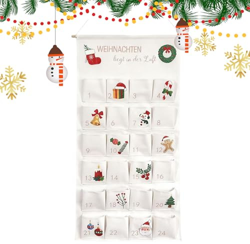 Weihnachtlicher Taschenkalender, wiederverwendbar, Wanddekoration, 24 Tage Countdown-Kalender, Aufbewahrungstasche, für Schokolade, Süßigkeiten, Kekse, Leckereien