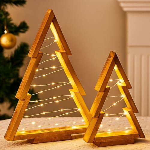 Weihnachtsdeko LED Weihnachtsbaum Holz, 2 Stück Weihnachtsbaum Beleuchtet mit LED Lichterkette, Mini Tannenbaum Weihnachtsdeko Holz Baum für Tischdeko Weihnachten Deko Innen