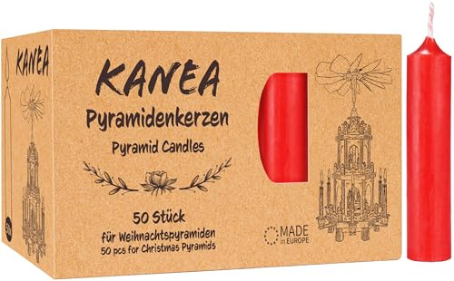 KANEA 150 Pyramidljus – Festliga Trädljus för Julpyramider – Vaxdekorationer för Julgranar, 7 cm Höga, 14 mm Diameter, Perfekta för en Mysig Julstämning med Mjuk Glans – Röda