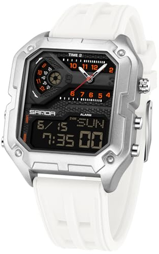 Orologio da Uomo Orologio Sportivo Digitale Orologi Rettangolari Orologi Impermeabili con Allarme/conto Alla Rovescia/Cronometro/Luce/Militare Orologio da Polso Multifunzionale (Argento-Bianco)