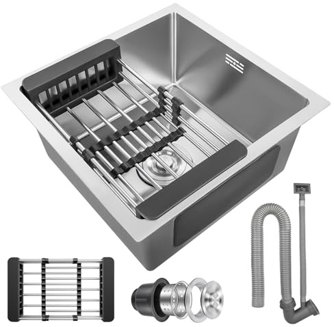 Stainless Steel Kitchen Sink 40 x 40cm,Inset Kitchen Sink with Waste Kit and Drain Pipe Pull-Out Drainer Basket Suitable for Bathroom Caravan Travelling