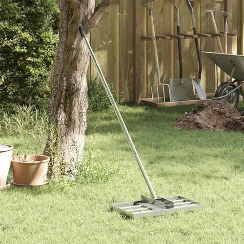 Mokuyary Rastrello da giardino argentato, 45 x 25 x 200 cm, in acciaio inossidabile, rastrello da giardinaggio per lavori a terra
