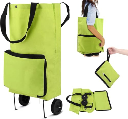 Collapsible Trolley Shopping Trolley with Rubber Wheels, Folding Bag with Rubber Wheels Foldable Cart Portable Oxford Cloth Tote Bag Reusable for Supermarket,Capacity Green-1pcs
