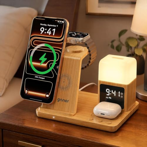 Augnner 6 in 1 Wireless Charging Station for iPhone with Alarm Clock & 3-Color Light, 15W Fast Charger for iPhone 17/16/15/14/13/12 Series, Compatible with Apple Watch1-10 Airpods 4/3/2/Pro