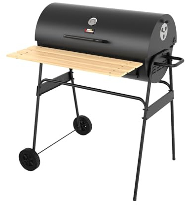 BBQ Master XL Barrel Charcoal BBQ Grill with Thermometer, Shelf and Wheels | Large smoker, wooden shelf, side vents, thermometer, wheels, portable, outdoor cooking, garden, black