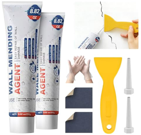 500g Masilla Reparadora de Pared Blanca para Interior – Pack 2 Unidades de Pasta Reparadora para Tapar Agujeros, Grietas y Reparar Paredes, Kit con Espátula, Lija, Guantes y Parche Reparador