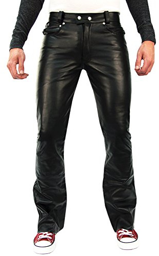 Bockle® 1970 Bootcut läderbyxor läderjeans vida byxor av läder, svart, 40W x 36L