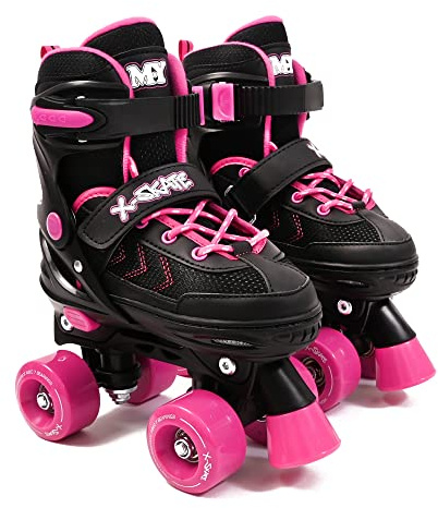 M.Y X-Skate Adjustable Pink Quad Roller Skates with Built In Adjusters Kids Roller Boots for Boys & Girls - Large