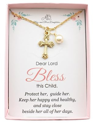 Little Girls Gold Cross Necklace with Crystal Pearl | 14 Plus 2 Extender Chain | Gift for Goddaughter | Baptism Jewelry | First Communion Gift