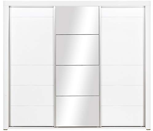 Furniture24 Schwebetürenschrank Irma IM15 Schlafzimmer Schrank 3 Türiger Kleideraschrank Schiebetür mit 5 Einlegeboden 3 Kleiderstangen Led Beleuchtug und Spiegel (Weiß/Weiß Hochglanz)