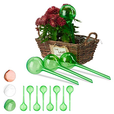 Relaxdays Set 12x Sfere per irrigazione, dosatori d’Acqua per Piante da Vaso, Ornamentali, Durata 2 Settimane, in plastica, Verde