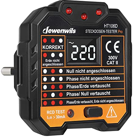 DEWENWILS Steckdosentester mit RCD-Prüfung und LCD-Voltage-Display, Kontrollleuchten-Anzeige, FI Test, 48-250V/45-65Hz, CAT ll 300V