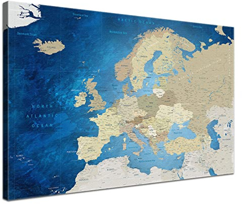 LANA KK - Europakarte Leinwandbild mit Korkrückwand zum pinnen der Reiseziele – englisch - Europa Meerestiefe - Kunstdruck Pinnwand Globus, Premium Qualität, 100 x 70 cm