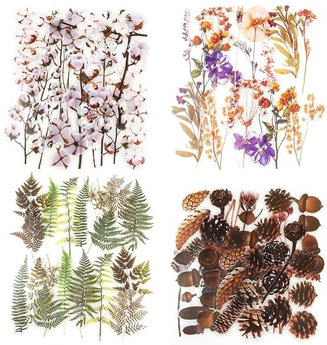 NogaMoga 80 Stück Getrocknete Blumen und Pflanzen Stickers, Kiefernzapfen Farn Baumwolle Aufkleber Set Groß Vinyl Wasserdichte Scrapbook Aufkleber für Planer, Journaling, Handgemachte Karten, Laptop