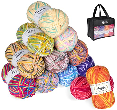 ilauke 600g Handstrickgarn Mehrfarbig 12x50g Weiches Acryl Häkelwolle zum Stricken, Woll zum Häkeln Baumwolle und Basteln Mehrfarbig mit Farbverlauf zum Basteln, Häkelgarn für DIY-Strickprojekt