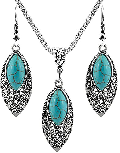 Dishowme Turquoise Collier Boucles d'oreilles Ensemble Bohème Pendentif Costume Chaîne Western Bijoux pour Femmes (Bleu B)
