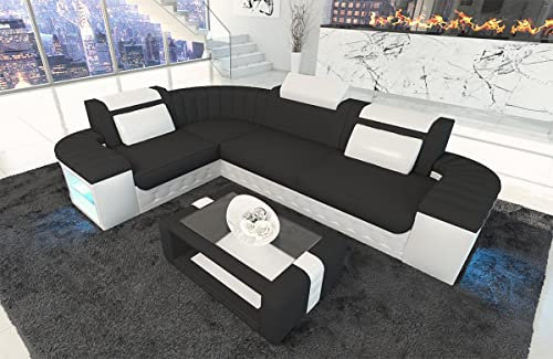 Sofa Bergamo L Form Stoffsofa Couch - mit LED Beleuchtung, verstellbare Kopfstützen, Recamiere/Mikrofaser/Ausrichtung wählbar (Ecke Links, Schwarz-Weiß C33)