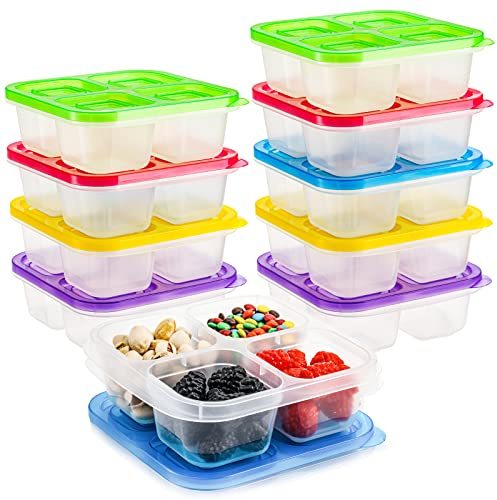 AVLA 10 Pack Snack Boxes, To Go Bento Lunch Boxes, 4-Compartment Food Containers, Stackable Divided Food Storage, Reusable Meal Prep Lunch Containers for School Work Travel(5 Colors)