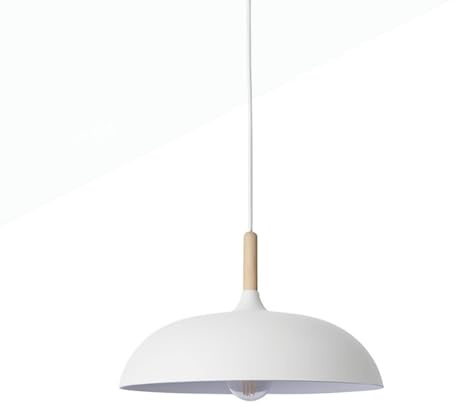 B·LED BARCELONA LED BarcelonaLED Lámpara Colgante Blanca de Metal y Madera Ø35 cm – Estilo Vintage Industrial Nórdico – Casquillo E27 – Iluminación Moderna para Cocina, Comedor, Salón o Dormitorio