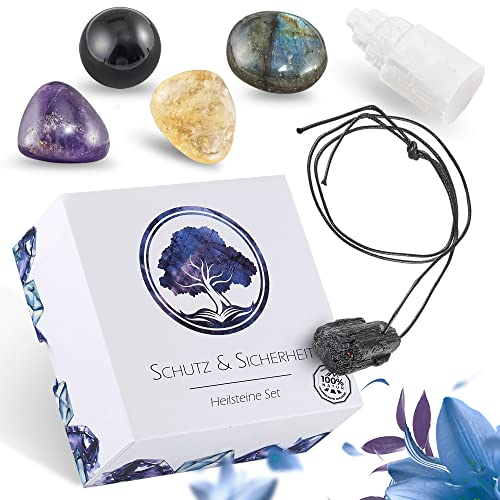 PURAJA Heilstein Set in hochwertiger Geschenkbox | Set mit 6 Kristallen für mehr Schutz und Sicherheit | Echte Edelsteine