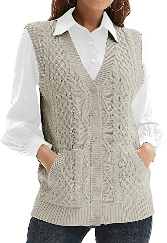 Womens’Knit Sweater Vest V Neck Sleeveless Cardigan Button Down Sweater Pocket Outwear Tops Grey