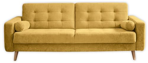 Stella Trading Fjord Bequemes Schlafsofa mit Bettkasten, Stoffbezug Senf - Klappbares Sofa mit Schlaffunktion & Massivholz Füßen - 222 x 86 x 90 cm (B/H/T)