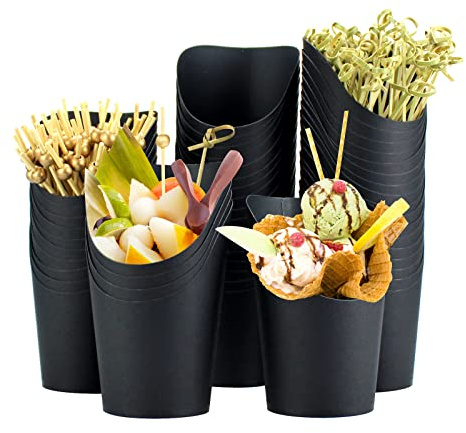 QPEY 50 Tassen + 100 Picks, 400 ml, schwarze Charcuterie-Tassen mit Cocktailspießen, Pommes-Frites-Halter, Pommes-Frites-Kegeln, Einweg-Papier-Vorspeisen-Becher für alle Anlässe (schwarz)