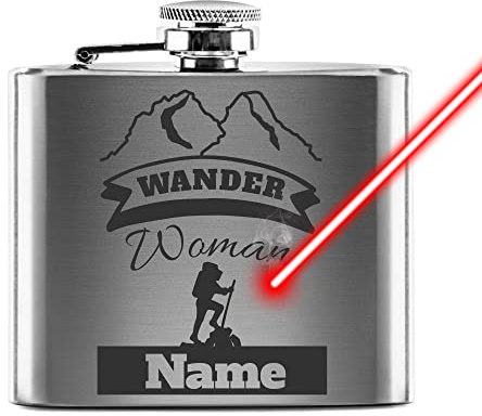 Flachmann mit Gravur aus Edelstahl selbst gestalten - Wander Woman - mit Name gravieren - Geschenkidee für Frauen - Praktische Taschengröße | Silber, 140 ml, Lasergravur