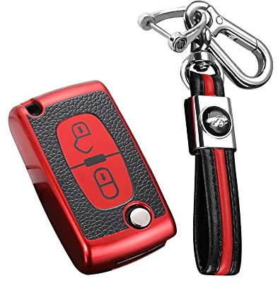 KUNIO Klapp Schlüsselhülle Passt für Citroen C1 C2 C3 C4 Boxer Passt für Peugeot 207 307 407 308 1007 3008 5008 TPU Leder-Textur Autoschlüssel Hülle Schlüsselanhänger Schutzhülle 2 Tasten Rot