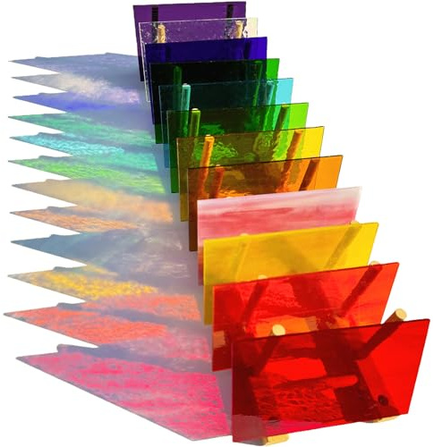 ILLUCKAI 12 Bögen Regenbogen Transparent Buntglasscheibe, 10,2 x 15,2 cm Kathedrale Glas Buntglas Zubehör, schillerndes Kunstglas für Buntglasprojekte und Mosaikherstellung Handwerk
