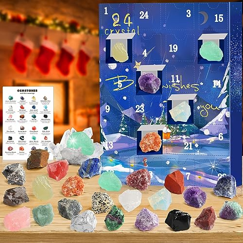 Calendario Adviento 2025 Minerales, 24 Días Calendario de Adviento 2025 Minerales y Cristales Fosiles Piedras Preciosas Naturales, Navidad Advent Calendar 2025 para Niños Niñas Mujer Hombre Girls