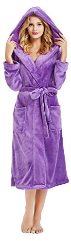 HEARTNICE Damen Fleece Bademantel mit Kapuze, weicher Plüsch Morgenmantel Bädemantel für Damen, flauschig süß Lange Hausmantel (Violett, S/M)