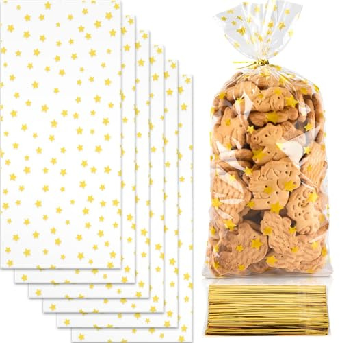 ECtury 100 Stück Goldene Sterne Kekstüten, 13 x 27 cm, BPA-frei, Polypropylen, Drehbinder, Weihnachten, Hochzeiten, Geburtstage