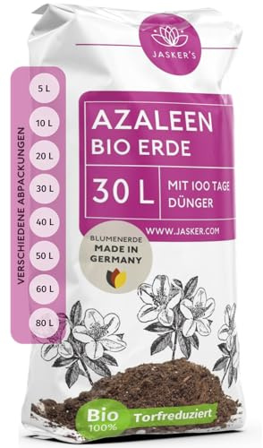 JASKER'S Bio Azaleenerde 30 L - Saure Erde mit 20% weniger Torf für Moorbeetpflanzen - Erde für Pflanzen mit Dünger - Moorbeeterde - Pflanzenerde mit saurem PH-Wert für Azaleen und Erika (Calluna)