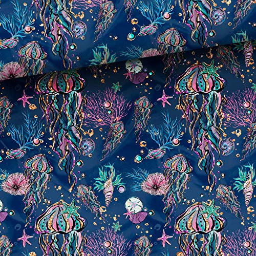 100x150cm Unterwasserwelt Baumwollstoff - Meerestiere Kinderstoffe - Stoffe zum Nähen aus 100% Baumwolle für Frauen & Mädchen - Premium Baumwollstoff - Tiere Quallen Seesterne - keine Meterware