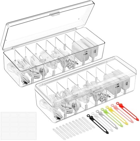 WuGU Organizzatore di Cavi, 2 Pezzi Contenitore per Cavi Trasparente, Scatola di Gestione dei Cavi con 8 Scomparti Rimovibili e 7 Fascette per Cavi per Casa Ufficio