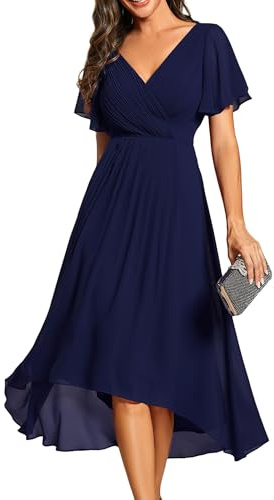 Ever-Pretty Women's Formal Wedding Guest Dress V-Neck Ruffle Sleeve Chiffon Gown with Flowy High-Low Hem in Bridesmaid Prom 01923