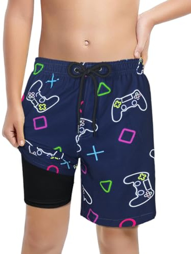 LUCOWEE Boys Swimsuit Trunks Boxer Brief Lined Chafe-Free Swimming Shorts Swimsuits Sandless Stretchy Functional Drawstring Light Weight Quick Dry UPF 50+ Gamepad Navy Size 10 12 Years Old