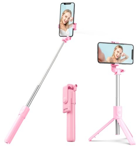 Bastone per selfie con treppiede e telecomando wireless, compatibile con telefoni, streaming live e fotografia (rosa)
