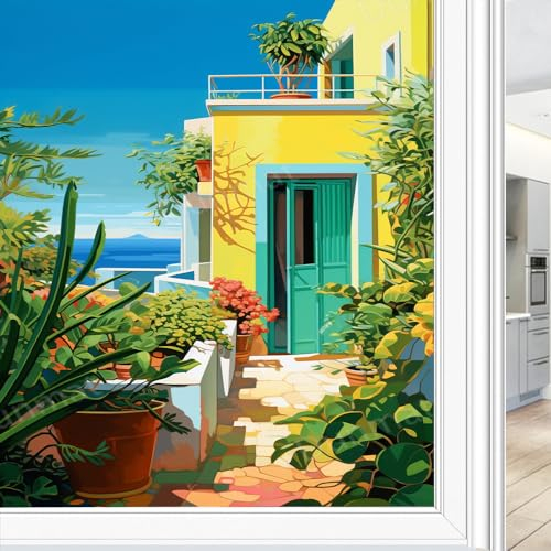 Bunte Sichtschutzfolie für Hausfenster, blauer Ozean, Vintage-Pflanzen, Buntglas-Fensterabdeckungen, statisch haftende Fensterfolie für Zuhause, Büro, Geschäfte, 70 x 120 cm