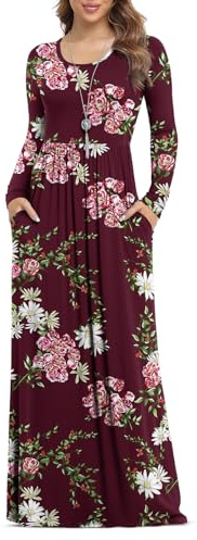 Anelune Casual Long Floral Dresses, Flower Wine Red, M