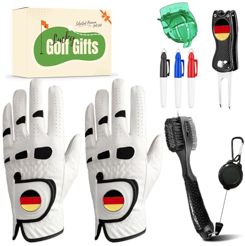 LOVMEAD Golf Handschuhe Männer Linke Hand für Rechtshänder Golfer 2-Pack mit Ball Marker und Pinsel Divot Tool Golf Ball Line Value Set mit Geschenkbox, Golf Zubehör Geschenkset (Weiß, L)