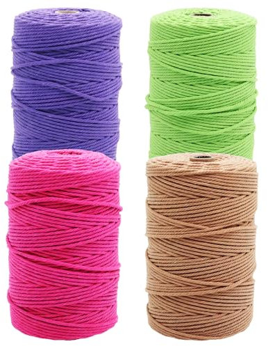 4 Stück Makramee Garn 3mmX100m, Baumwolle Makramee Set, Cotton Yarn Knüpfgarn Zubehör, Wolle zum Stricken, Makramee Set Anfänger, Baumwoll Bastelschnur für Basteln Stricken Boho Deko DIY Handwerk